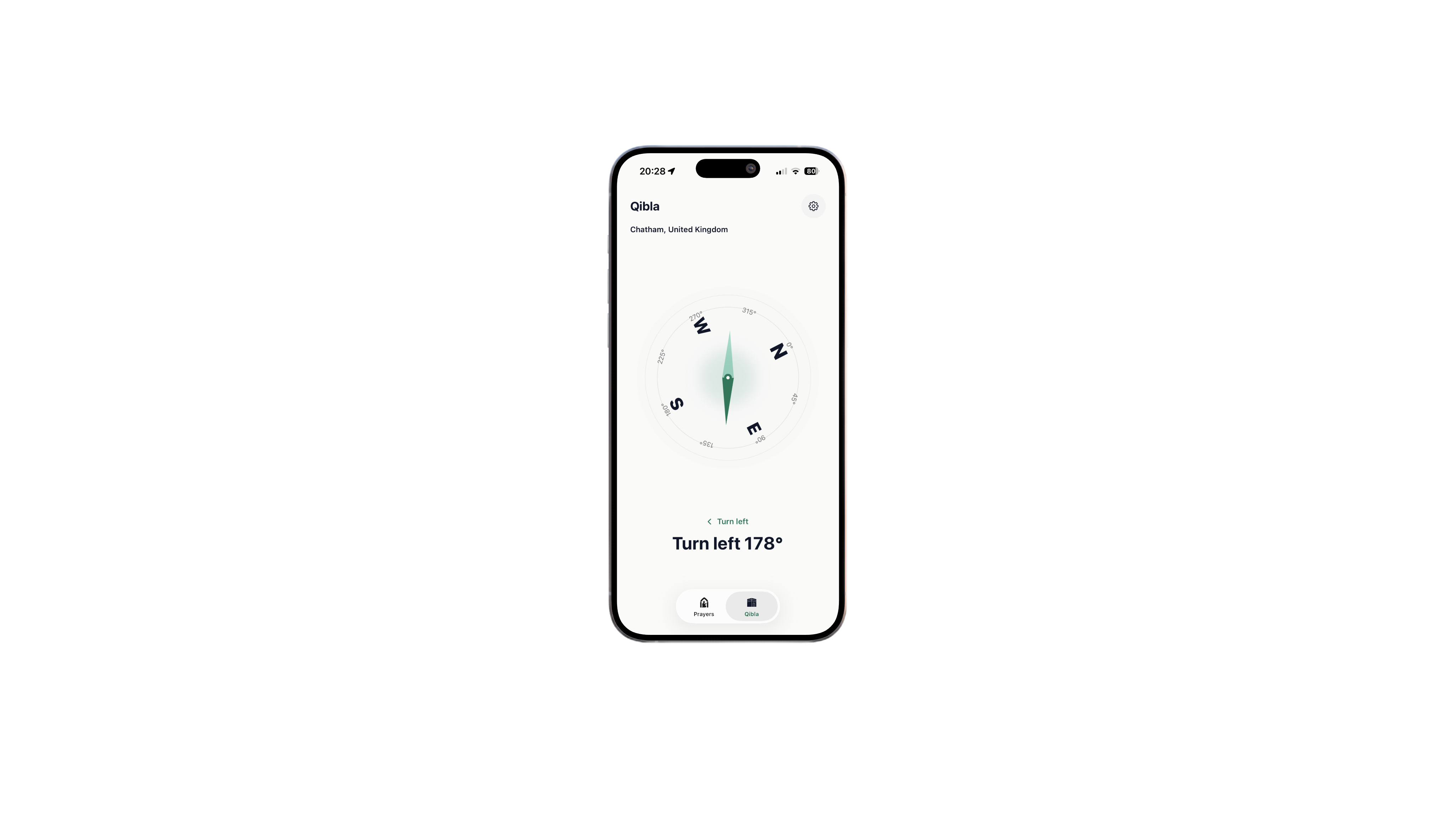 The Islam App compass screen, showing the direction to the Qibla