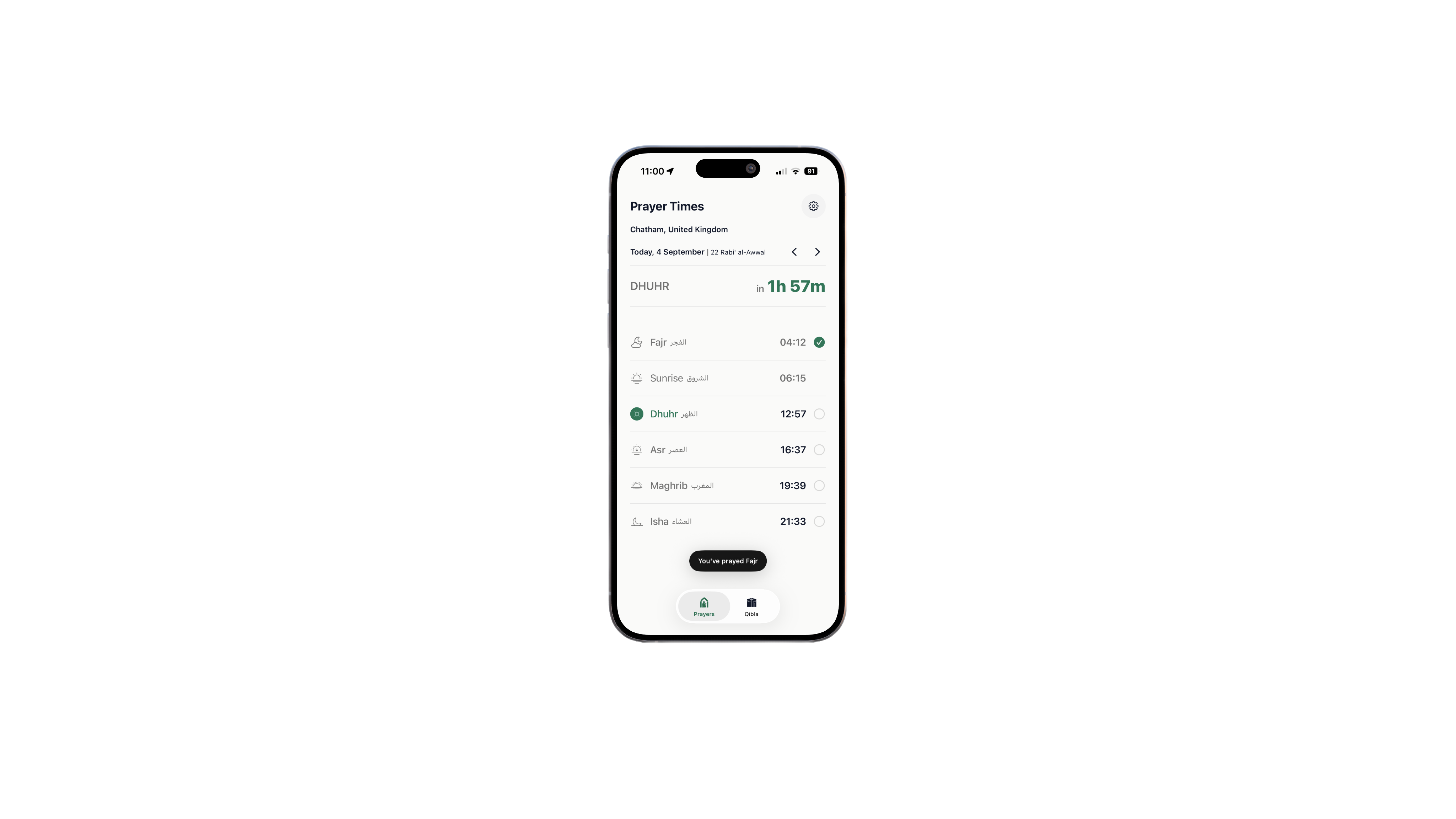 Daily prayer times screen with a clean, minimal schedule